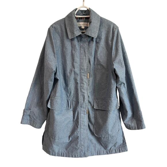 Vintage Liz Claiborne Chambray Jacket Medium Detachable Hood Plaid Lining 90s - Picture 1 of 16